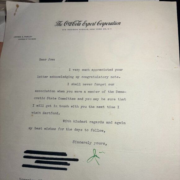 James Farley Signed Autograph Letter 1955 OR 1936 – Postmaster & Coca-Cola Chair - Picture 1 of 2